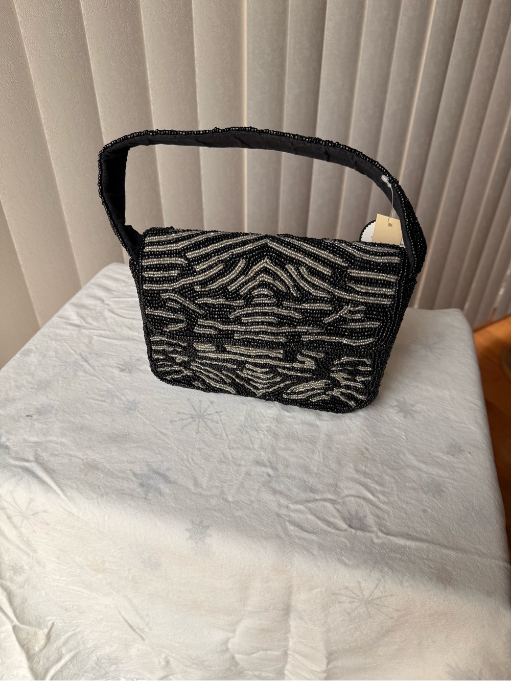 Black Beaded Zebra-Pattern Shoulder Bag